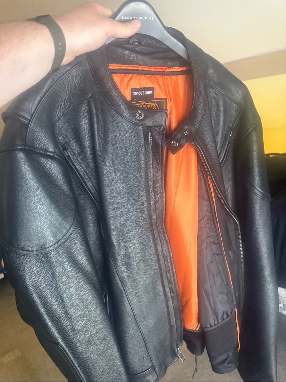Milwaukee Leather Black Leather Jacket with Orange Liner - Men's